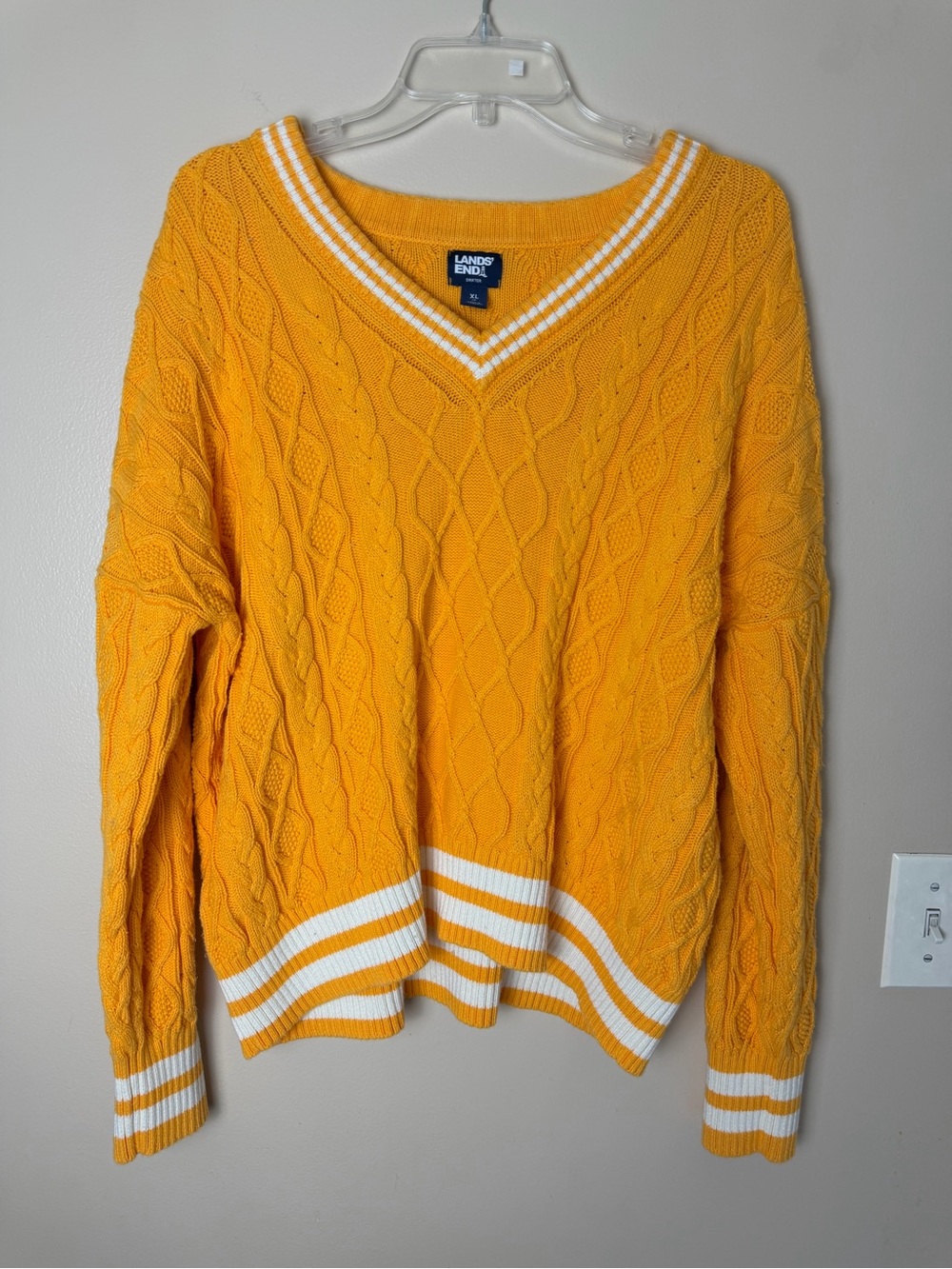 Lands' End Drifter Cable Knit Sweater XL Yellow Varsity Stripe 100% Cotton V-Nec